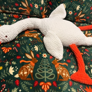 Oversized handmade crochet goose plush toy, soft and cuddly blanket yarn body pillow style stuffed animal