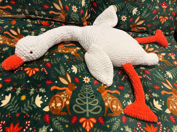 Oversized handmade crochet goose plush toy, soft and cuddly blanket yarn body pillow style stuffed animal